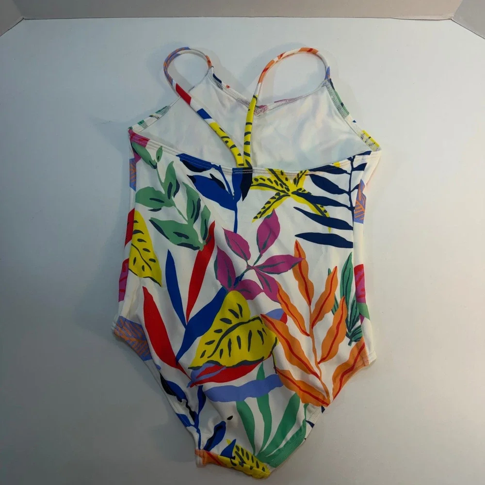 Quince One Piece Swimsuit Girls Size 6 White Tropical Palms Floral Leaf NEW